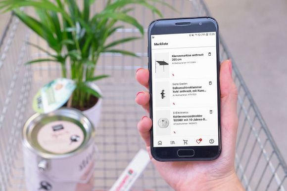 Person hält ein Smartphone in der Hand und schiebt einen Einkaufswagen.